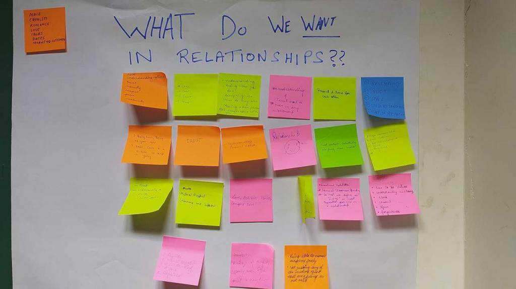 a chart titled "What do we want in a relationsip" with post it notes stuck underneath by participants.