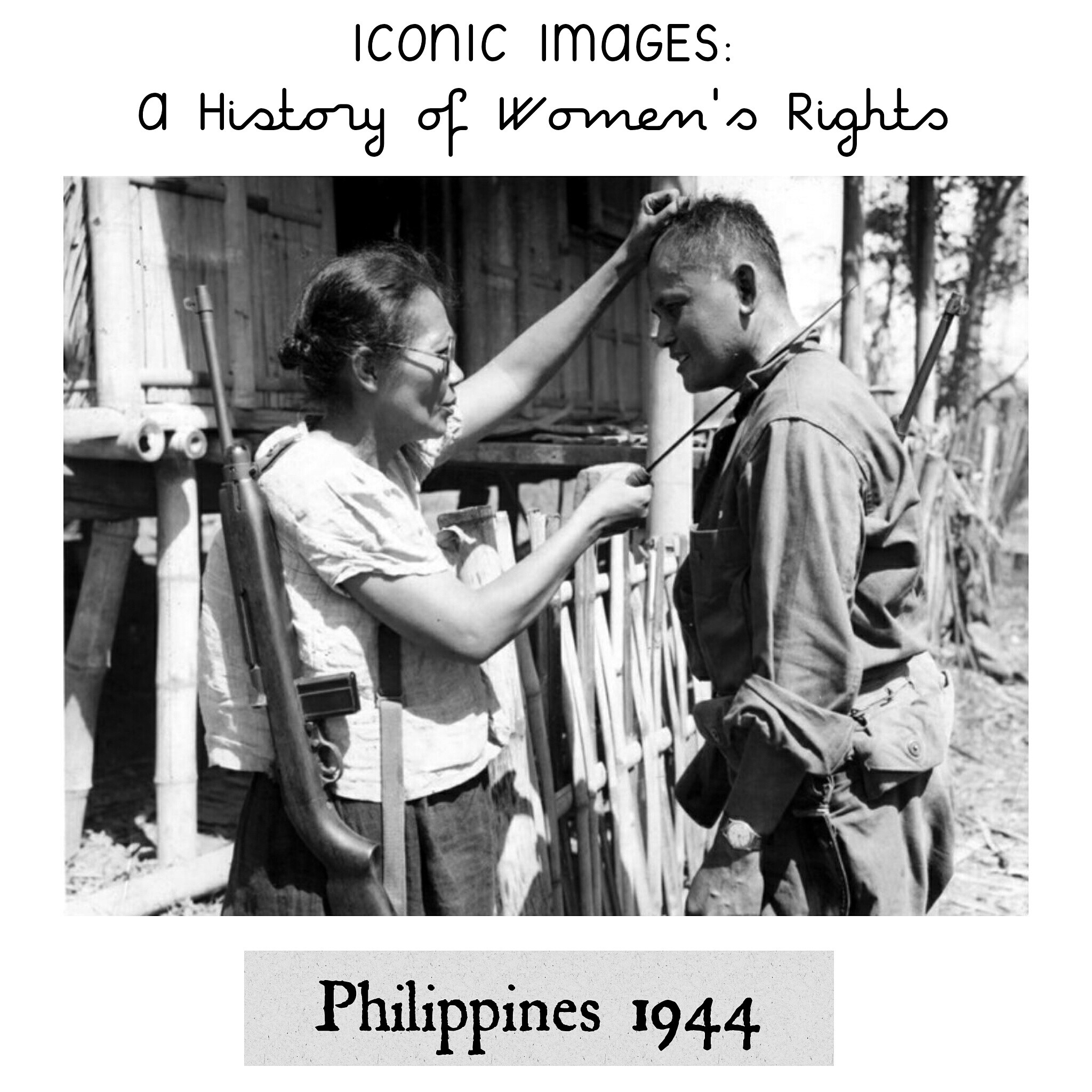 The image shows Captain Nieves Fernandez, a guerilla woman from the Philippines, demonstrating to a US soldier how she used a long knife to kill Japanese soldier.
