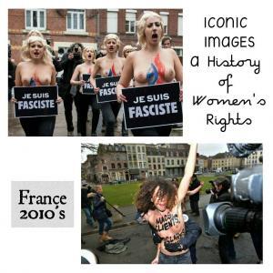 The image shows two pictures of women protesting bare chested. The first image shows them marching, shouting slogans, and carrying placards. The second pictures shows a protestor being stopped by police.