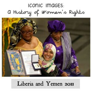 The image shows three women who won of the Nobel Peace Prize in 2011, one of whom is holding the prize. 