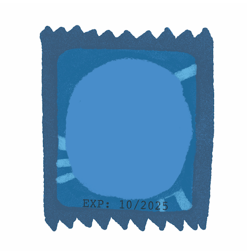 Illustration of a blue condom wrapper with the expiry date written on it as 10 2025.